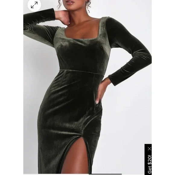 NWT Lulus Lush Adventures Olive Green Velvet Long Sleeve Maxi Dress M - Picture 4 of 10